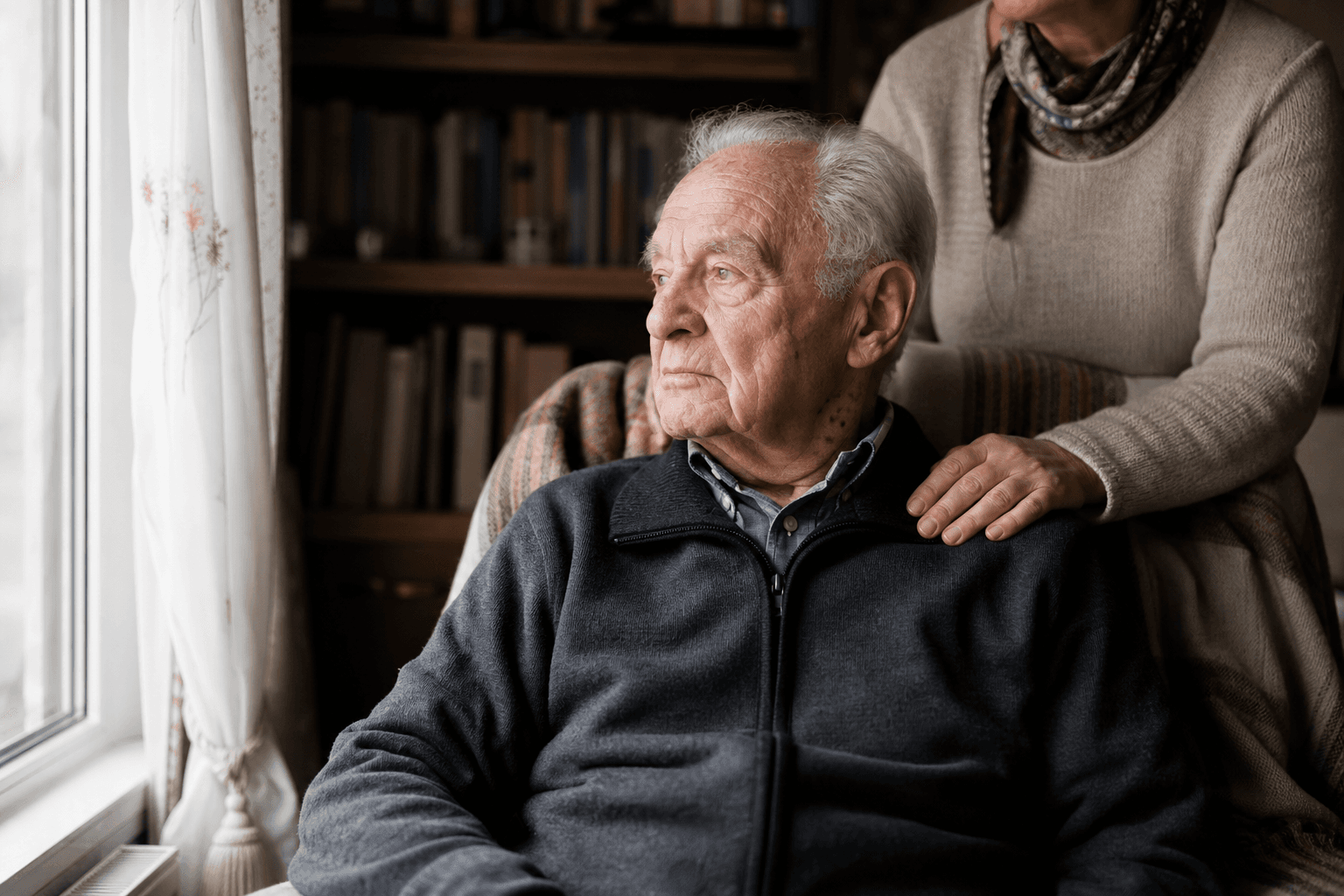 Angehörige unterstützt ältere Person mit Demenz liebevoll